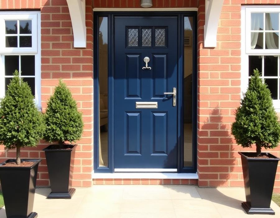Navy composite front door with glazed side panel