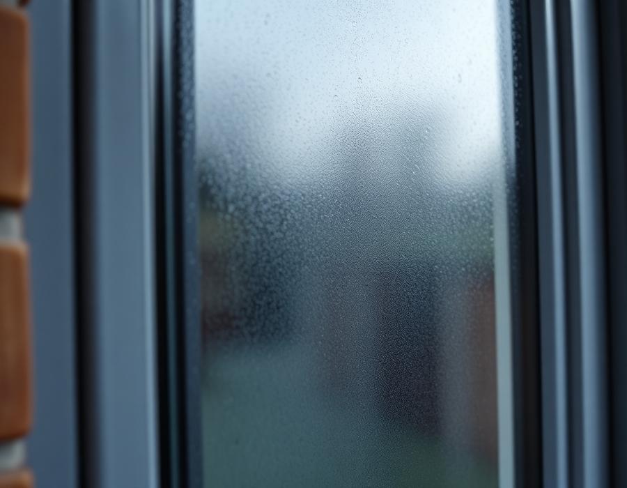 Misted double glazed window unit in a grey frame